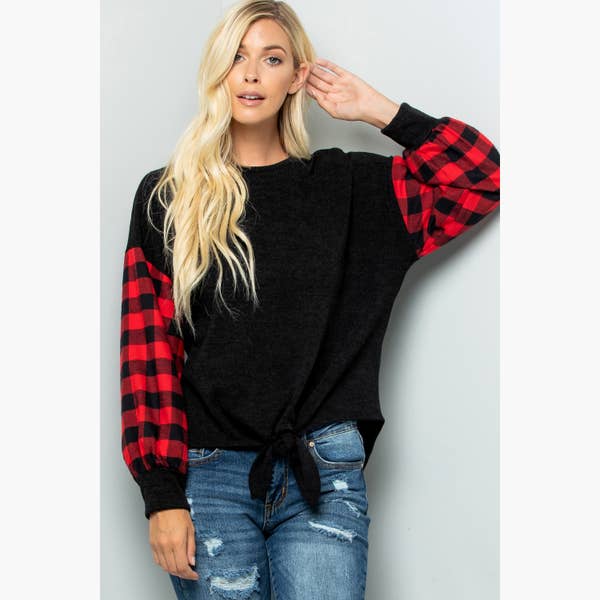 Black Front Tie Top with Red Buffalo Plaid Sleeves