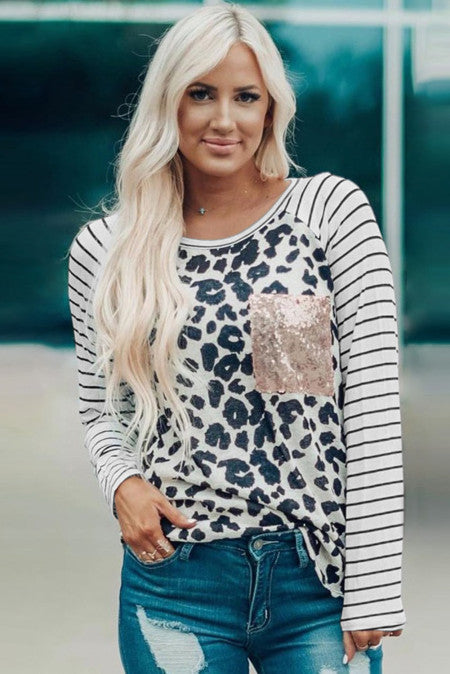 Sequined Pocket Leopard Top with Striped Sleeves