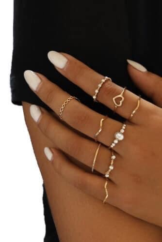 9 Piece Heart & Rhinestone Ring Set