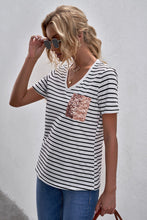 Load image into Gallery viewer, V Neck Striped Top w/Rose Gold Sequined Pocket
