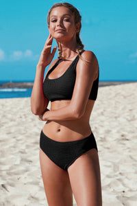 Black Scoop Neck Mid Rise Bottom Two-piece Swimsuit