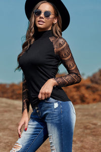 Black High Neck Lace Sleeve Top
