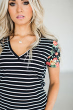 Load image into Gallery viewer, Black Striped Top w/Floral Sleeves
