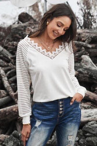 Lace V Neck Top w/Striped Sleeves