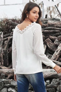Lace V Neck Top w/Striped Sleeves