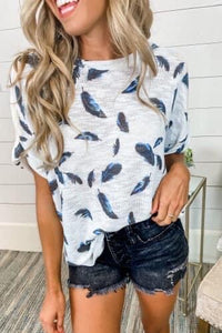 White Feather Print Short Sleeve Top