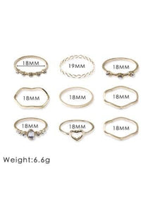 9 Piece Heart & Rhinestone Ring Set