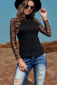 Black High Neck Lace Sleeve Top