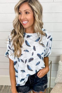 White Feather Print Short Sleeve Top